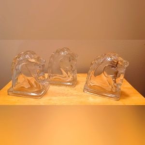 Vintage clear Art Deco Heisey Glass Horse head ( 3 pc.) bookends. No scratches.